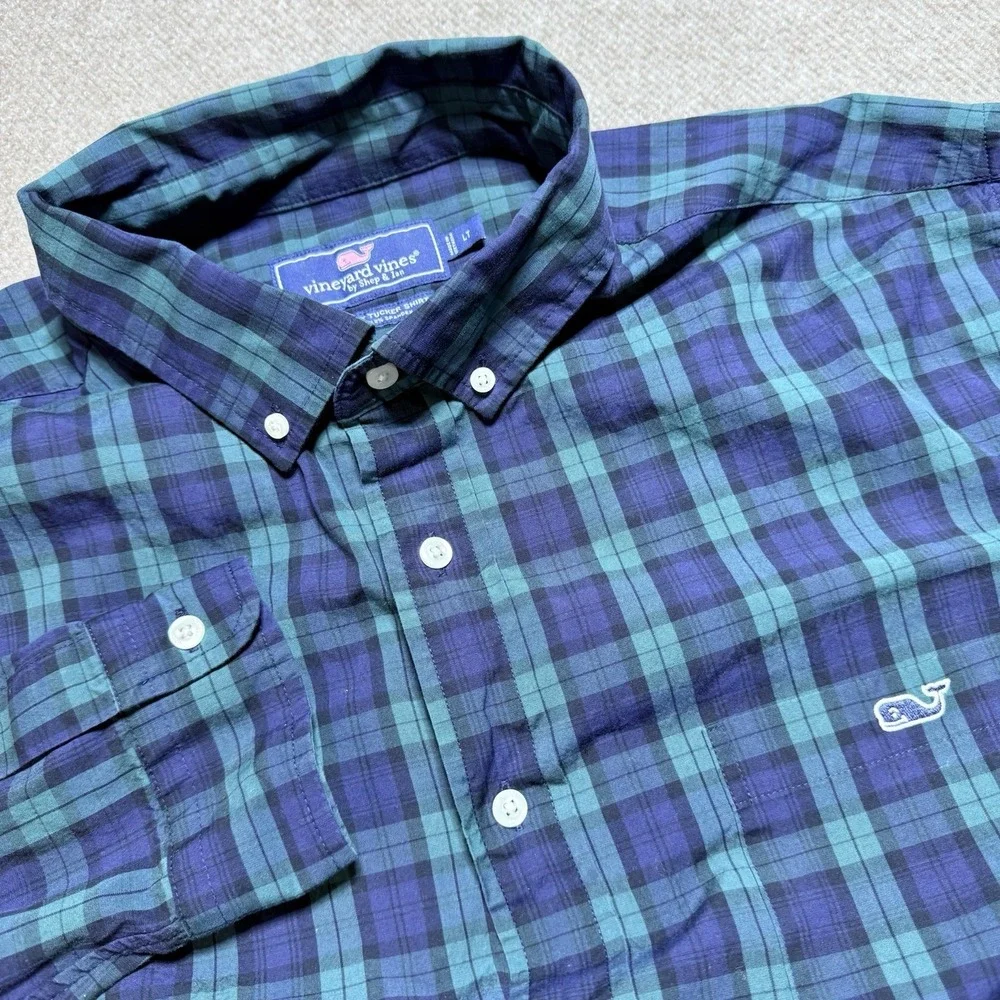 Vineyard Vines Large Tall LT Shirt Mens Classic Fit Tucker Green Blue Plaid